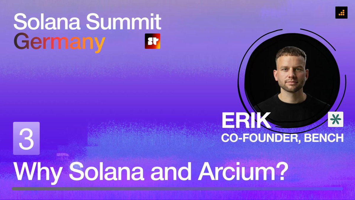 The image shows a purple background with white text that reads "Why Solana, Why Arcium?". The caption below the image explains why these two companies are relevant to the discussion of the podcast being played.