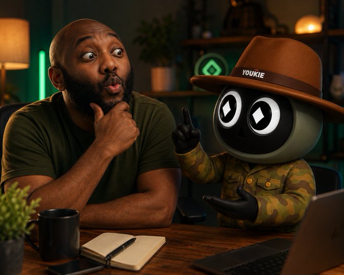 A bearded man sits at a desk next to a cartoonish robot character wearing a brown 'YOUKIE' hat and camouflage jacket, which appears to be speaking or gesturing with its hands.