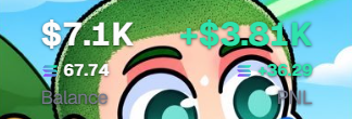 A digital wallet or meme coin interface showing 'S$1K' with '+67.74' increase and '$9.01K' balance, alongside a cartoon character's large anime eyes on a colorful background.