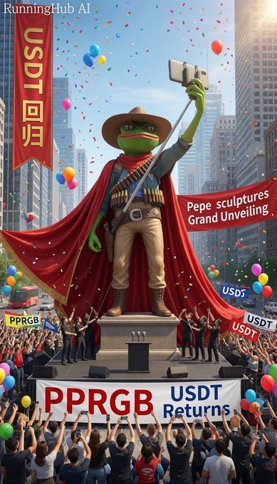 A vibrant illustration shows a Pepe the Frog statue dressed as a cowboy taking a selfie in a city square, with banners reading 'PPRGB USDT Returns' and 'Pepe sculptures Grand Unveiling', while a crowd cheers below.