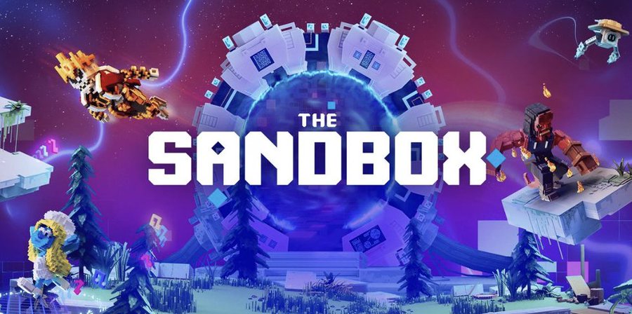 The image features promotional artwork for "THE SANDBOX," a blockchain-based virtual world, with its bold logo centered against a vibrant purple cosmic backdrop populated by voxel-style characters and floating game elements.

This visually establishes the SAND token's source ecosystem, contextualizing the security alert about unauthorized token minting, Upbit's trading warning, and Bithumb's deposit/withdrawal suspension related to the platform's native cryptocurrency.