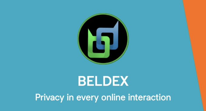 The image displays a promotional graphic for Beldex, featuring its circular logo with interlocking green and blue shapes, the "BELDEX" name, and the tagline "Privacy in every online interaction" on a teal background with orange accents. The graphic aligns with the post's promotion of Beldex's privacy-focused crypto project, highlighting its recent developments in masternode expansion and the BNS marketplace launch.