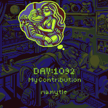 A pixel art image in green and blue tones shows a character lying in bed with a thought bubble depicting another character holding flowers, with text reading 'DAY 1092 My contribution marmyte'.
