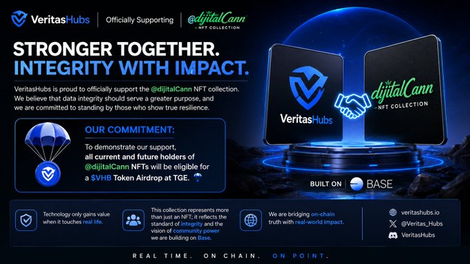 VeritasHubs banner announcing official support of the @djitalCann NFT collection on Base blockchain, offering a $VHB Token Airdrop at TGE with the tagline 'STRONGER TOGETHER. INTEGRITY WITH IMPACT.'