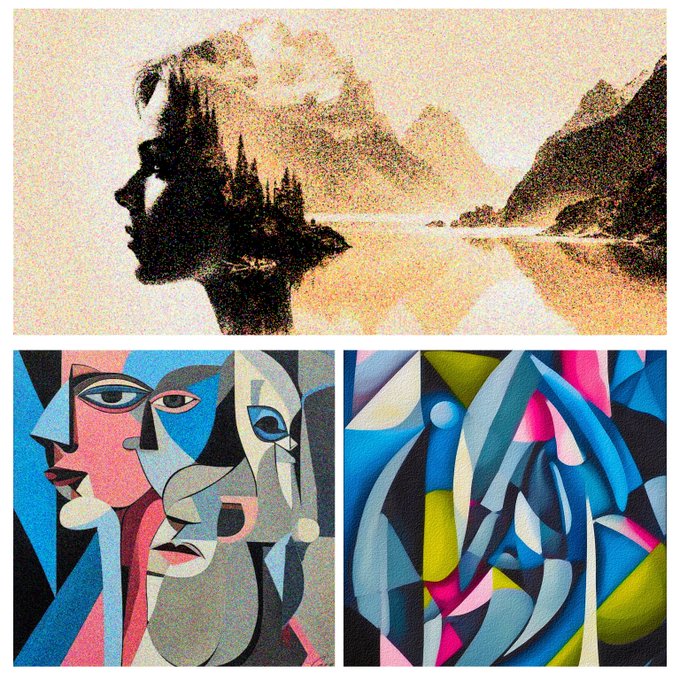 The image consists of three distinct artworks, each featuring a woman's face as their central theme. The first artwork depicts a woman with her head turned to the side, while the second artwork shows the same woman facing forward. The third artwork features an abstract representation of a woman's face in blue and pink colors. These artworks are displayed on three separate posts, with each post having its own unique style and color scheme.