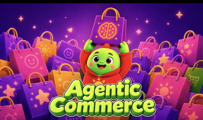 Another version of the 'Agentic Commerce' promotional graphic featuring a green character surrounded by colorful shopping bags.