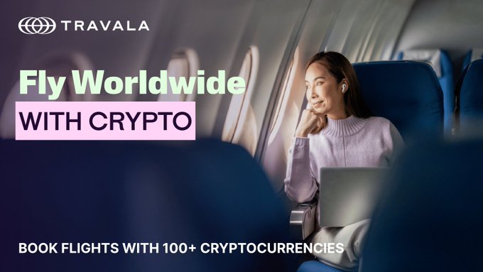 A promotional banner for Travala featuring a woman smiling on an airplane, with text reading 'TRAVALA', 'Fly Worldwide WITH CRYPTO', and 'BOOK FLIGHTS WITH 100+ CRYPTOCURRENCIES'.