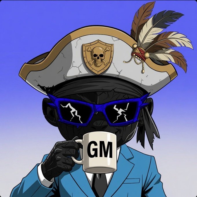 Digital illustration of a pirate-like figure with a skull-emblazoned hat, cracked sunglasses, and feathers, holding a white mug with 'GM' printed on it against a blue background.