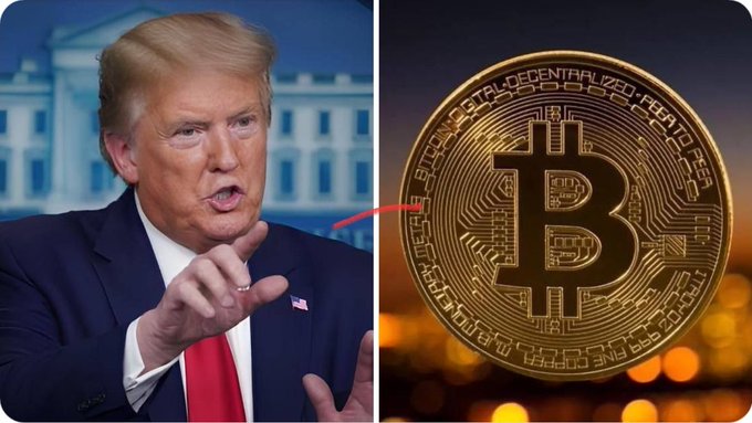 The image shows Donald Trump speaking, with a red arrow pointing to a Bitcoin coin. This visual connects Trump to the cryptocurrency, aligning with the post's claim of his prediction that Bitcoin and crypto will skyrocket.