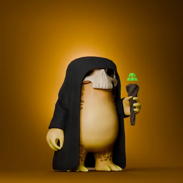A 3D-rendered cartoon character resembling a small yellow creature wearing a black hooded cloak, with a white beard, holding a staff topped with a glowing green crystal.