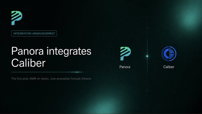 The image features a promotional poster for Panorama Integrates Caliber. The poster displays three logos representing Panorama Integrates, Panora Exchange, and Panorama Caliber. Each logo is accompanied by text that highlights their respective roles or services. The background of the poster is black with green and blue lights, creating an interesting visual effect. The image also includes a caption below the logos stating "The first prop AMM on Aptos is live on Panora !!! With this integration, users can access Caliber'S quotes directly through Panora, bringing a new layer of liquidity, routing, and execution to @Aptos".