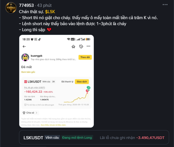 A Vietnamese social media post discusses a stock called $LSK showing a +109.43% gain from ~160,424 to ~1.43M, with text warning about short-term volatility and quick order execution.