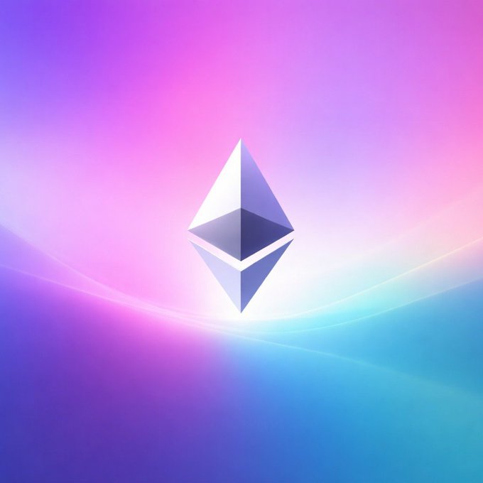 The Ethereum logo is centered against a vibrant purple, pink, and blue gradient background with flowing wave patterns. The image visually reinforces the post's message about Ethereum 2.0's evolving role as foundational settlement infrastructure beyond its original use cases.