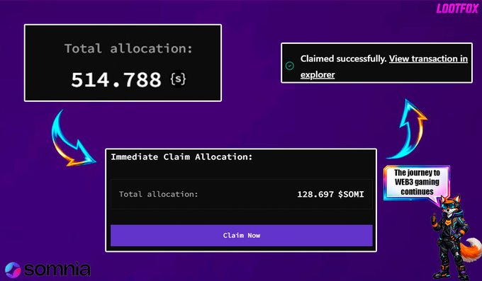 A Somnia network airdrop interface showing a total allocation of 514.788 $SOMI with an immediate claim of 128.697 $SOMI, branded with LOOTFOX.