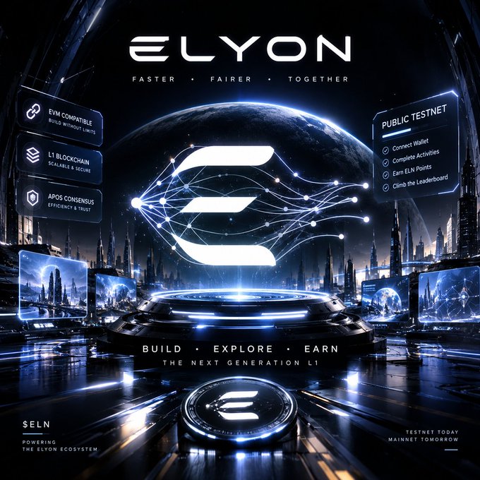 Promotional graphic for 'ELYON', a blockchain project with tagline 'FASTER • FAIRER • TOGETHER', highlighting features like EVM compatibility, L1 blockchain, APOS consensus, and a Public Testnet with tasks such as connecting a wallet and earning points.