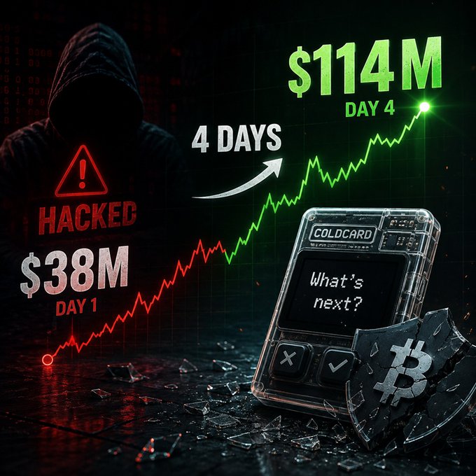 A dramatic graphic depicting a hacker scenario with a hooded figure, showing cryptocurrency value rising from $38M (Day 1) to $114M (Day 4) over 4 days, alongside a COLDCARD hardware wallet displaying 'What's next?'
