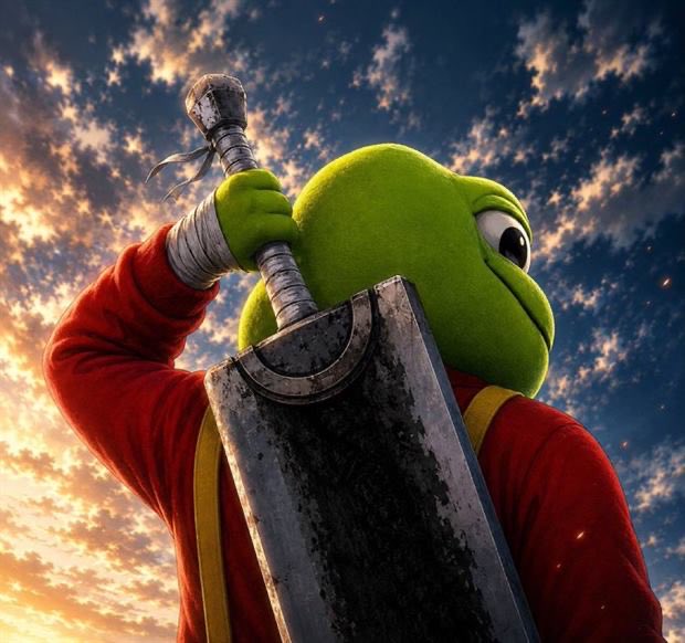 A low-angle shot shows a muscular Kermit the Frog-like figure in a red shirt wielding a massive, weathered sword against a dramatic cloudy sky, visually evoking the "original" meme warrior archetype referenced in the post's argument that $TOAD predates and surpasses $PEPE as a generational buying opportunity.