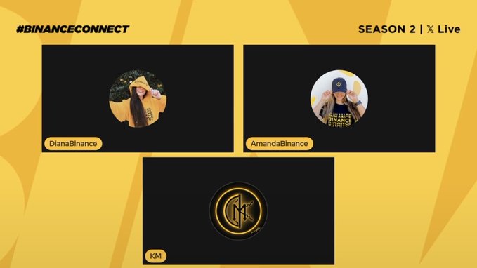 A broadcast screen titled '#BINANCECONNECT SEASON 2 | X Live' showing three participants: DianaBinance, AmandaBinance, and KM (KM Projects), with a yellow themed background.