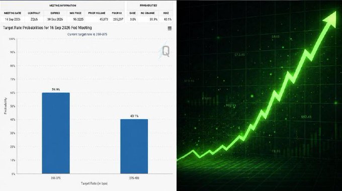 A financial chart showing CME FedWatch Target Rate Probabilities for the 16 Sep 2026 Fed Meeting, with a 56.9% probability of a 350-375 rate (no change) and 43.1% probability of a 375-400 rate (increase), alongside a green upward trending stock graph.