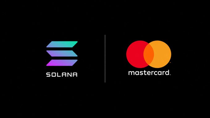 The image features a black background with two logos side by side - one representing Mastercard and the other representing Solana. The Mastercard logo has a red circle, while the Solana logo displays a purple triangle. Both logos are accompanied by text that reads "@Mastercard expands stablecoin settlement to @Solana". Additionally, there is a caption below the logos stating "Focus on what is in the image and how it relates to the post."