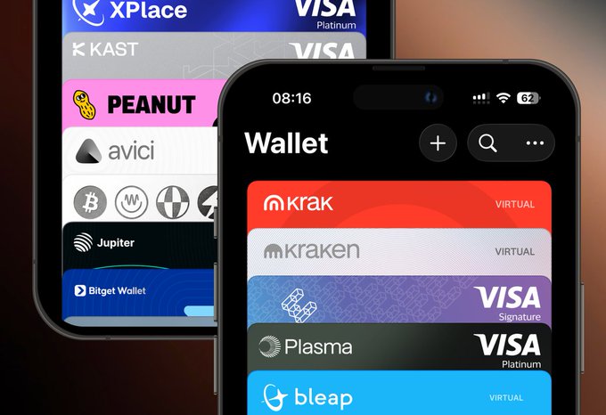 A smartphone displaying a digital wallet app showcases a stacked collection of crypto cards from various providers including Kraken (Visa Virtual), Plasma (Visa Platinum), Bleap (Virtual), Peanut, Avicii, Jupiter, and Bitget Wallet, visually illustrating the post's point about the overwhelming number of crypto card projects in the market—many of which lack support for third-party payments.