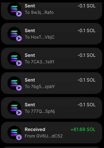 A cryptocurrency transaction history displays five sent transactions of "-0.1 SOL" to various wallet addresses (9w3j...Rafo, HoxT...VbjC, 7CA3...1s91, 7bg5...zpBY, 777Q...SpNj) and one received transaction of "+61.69 SOL" from wallet GV6U...dC52, supporting the claim that Ansem sent over 60 SOL to the user's wallet.