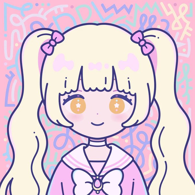 A cute, pastel-colored cartoon illustration of a blonde girl with twintails, starry eyes, pink bows, and a sailor-style outfit.