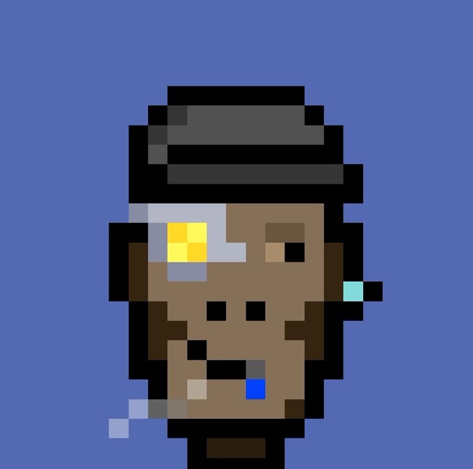 A pixel art illustration of a character with brown skin, a black cap, a yellow eye patch, and a cigar in their mouth against a blue background.