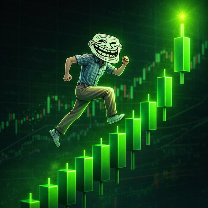 A cartoon troll face meme-wearing figure climbs upward along an ascending green candlestick chart, visualizing a bullish long position on the $TROLL ticker. The triumphant stride up the rising candles mirrors the poster's confident declaration of going long on $TROLL.