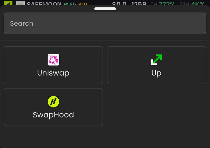 The image shows a mobile app interface featuring a search bar and three tile options: "Uniswap," "Up," and "SwapHood." Given the post about "New Robinhood dex?," the display likely previews a Robinhood decentralized exchange called "SwapHood."