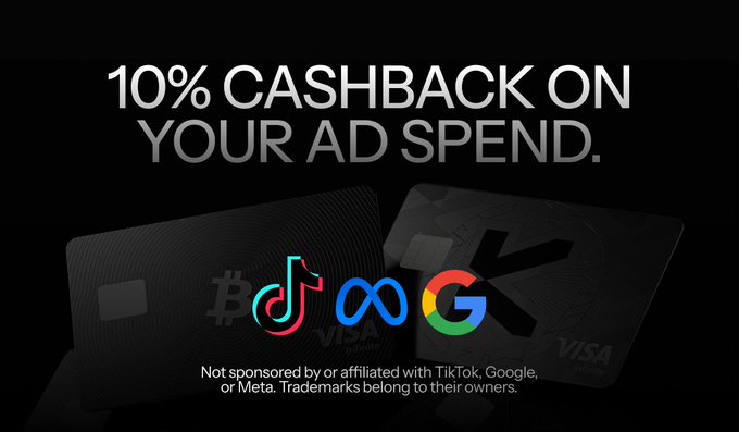 A black promotional banner advertises "10% CASHBACK ON YOUR AD SPEND" with the logos of TikTok, Meta, and Google displayed between two dark credit cards, alongside a disclaimer that it is "Not sponsored by or affiliated with TikTok, Google, or Meta. Trademarks belong to their owners." This visually reinforces the accompanying post's announcement of KAST's gold campaign, which offers advertisers a 10% cashback return on their spending across major ad platforms.