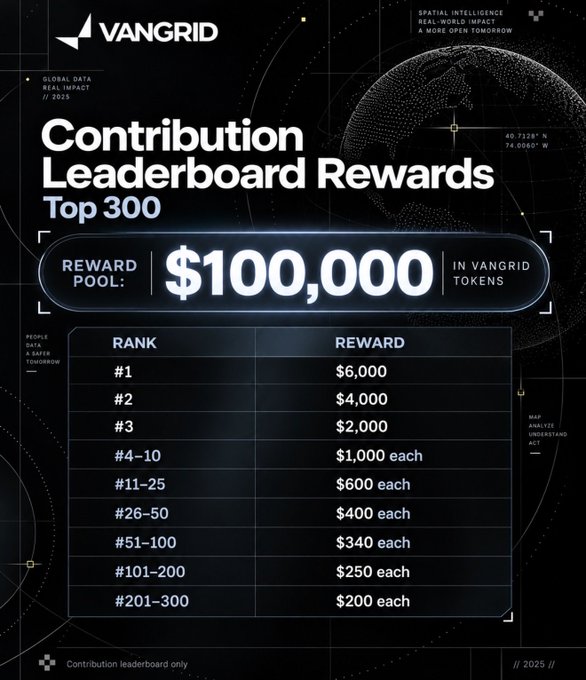 A higher resolution version of the VanGrid 'Contribution Leaderboard Rewards Top 300' poster, detailing a $100,000 total reward pool in VanGrid tokens with specific payouts ranging from $6,000 for rank #1 to $200 each for ranks #201-300.