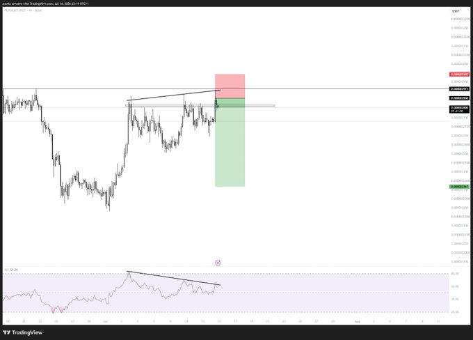 A TradingView chart of $PEPE/USDT on Binance shows a short trade setup with a red stop-loss zone above current price (~0.00000723) and a green take-profit zone extending downward, reflecting the poster's hope for a bearish move overnight. The RSI indicator below displays a bearish divergence pattern, supporting the short bias.