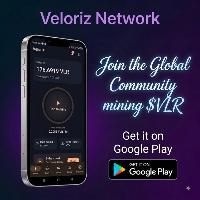 A promotional graphic for 'Veloriz Network' advertising a global cryptocurrency mining community, showing a smartphone app interface displaying '176.6919 VLR' balance and a 'Tap to mine' button, with a 'Get it on Google Play' badge.