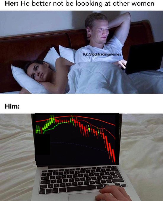 A two-panel meme captioned 'Her: He better not be loooking at other women' showing a suspicious woman in bed, and 'Him:' showing a laptop displaying a crashing stock chart with red candles, watermarked 'IG: Stocktradingmemes'.