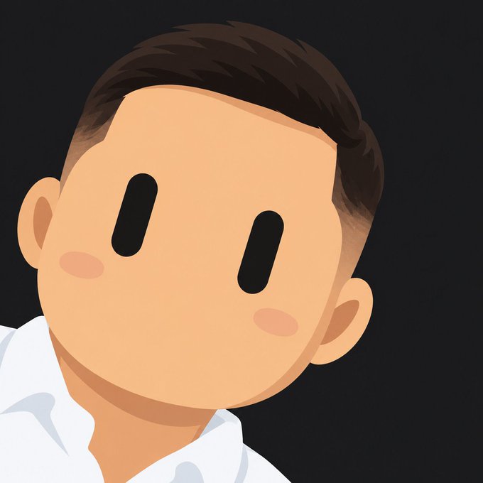 A cartoon illustration of a man's face with simple black oval eyes, brown hair, and rosy cheeks against a dark background.