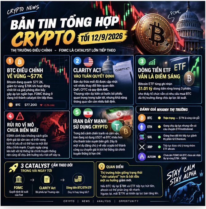 A Vietnamese crypto news infographic titled 'BẢN TIN TỔNG HỢP CRYPTO' dated 12/9/2026, covering topics including BTC correction to $77.2K, the Clarity Act, ETF inflows of $1.01T, ESMA risks, and Iran's crypto use, with a 'STAY CALM STAY ALPHA' slogan.