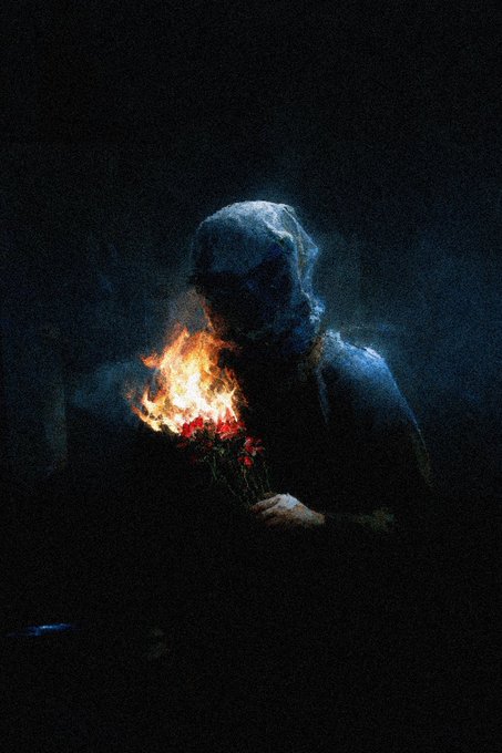 A dark, atmospheric painting depicting a hooded figure shrouded in shadow holding a bouquet of red flowers engulfed in flames against a black background.