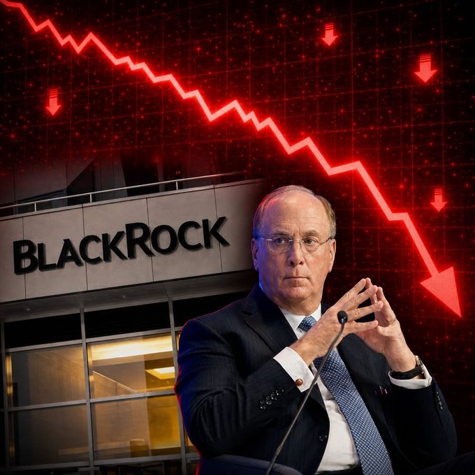 The image shows BlackRock's CEO Larry Fink standing in front of a building with the "BlackRock" logo, with a red downward-trending graph and arrows in the background symbolizing a market decline. This visually reinforces the post's message about BlackRock's Bitcoin ETF selling $239,270,000 worth of Bitcoin, depicting the bearish market impact of the massive sell-off.