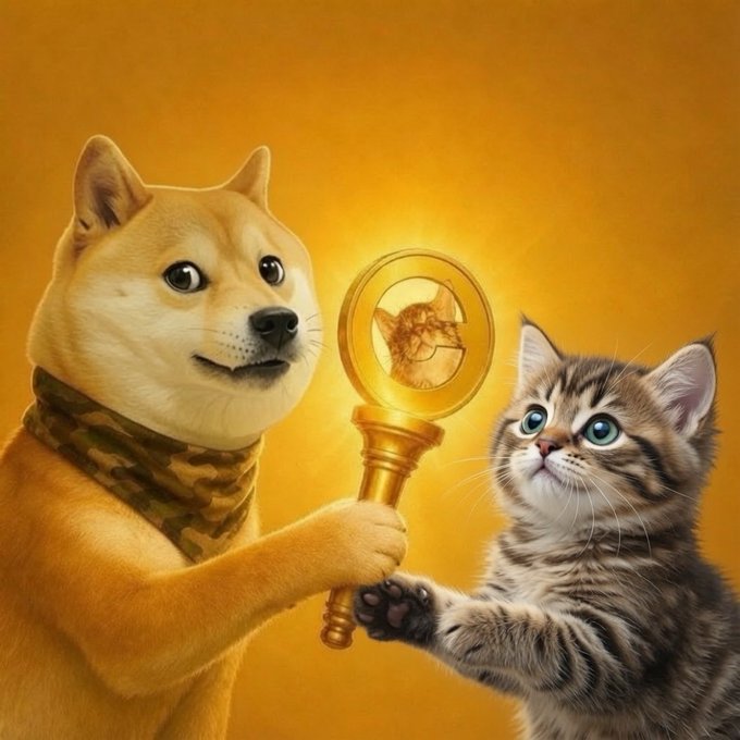 AI-generated digital art of a Shiba Inu dog wearing a camouflage bandana holding a golden staff with a cat's face inside, alongside a tabby kitten reaching for it.