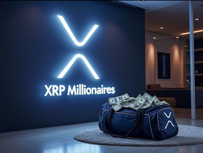 A promotional image features the XRP (Ripple) logo with the text 'XRP Millionaires' illuminated in blue, alongside a duffel bag overflowing with cash.