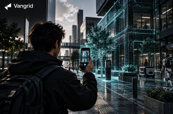A futuristic scene showing a person holding a device with a holographic tree display in a modern cityscape, branded with 'Vangrid' logo.