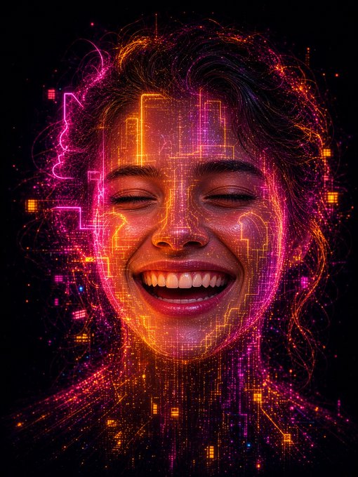 Vibrant digital artwork portrait of a smiling woman with closed eyes, her face and hair composed of glowing neon pink, orange, and yellow circuit board patterns against a black background.