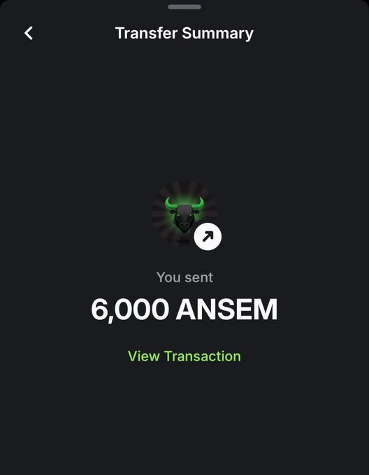A mobile app 'Transfer Summary' screen showing a successful transaction of '6,000 ANSEM' sent to a bull-logo recipient.