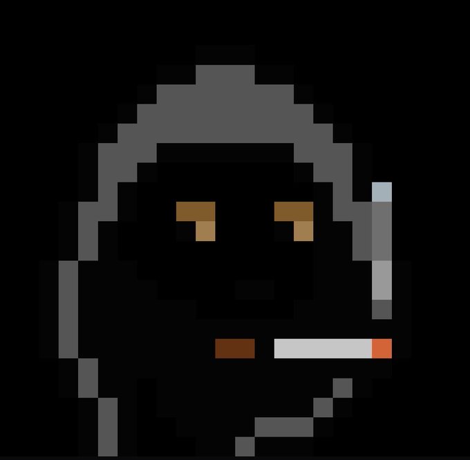 A pixel art character reminiscent of a CryptoPunk, dressed in a dark hooded cloak with glowing yellow eyes and holding a cigarette, visually embodying the "No-Punks" theme of rejecting or reimagining the iconic NFT collection.
