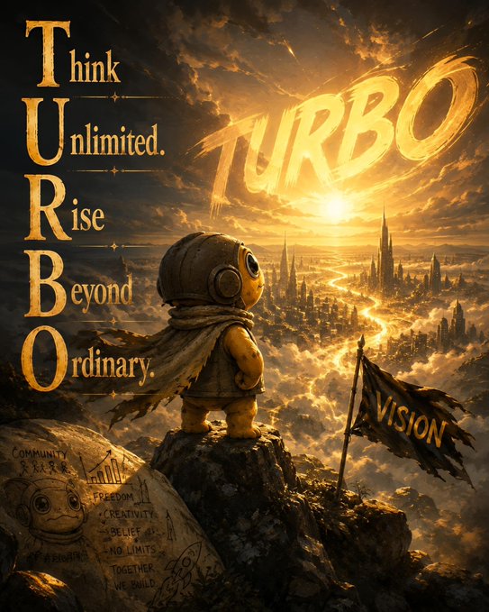 A small figure in a space helmet stands atop a cliff overlooking a golden cityscape, with the acronym "TURBO" spelled vertically as "Think Unlimited. Rise Beyond Ordinary." alongside a glowing "TURBO" sun and a "VISION" flag, visually embodying the post's theme of pushing beyond limits to reach new heights.