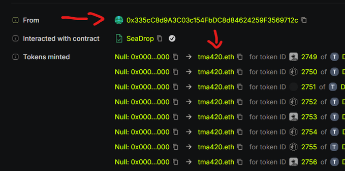 A blockchain transaction detail showing wallet address 0x335cC8d9A3C03c154FbDC8d84624259F3569712c minted 8 TMA420 tokens (IDs 2749-2756) via SeaDrop contract, with red arrows highlighting the sender's address and the tma420.eth token ticker to emphasize that these were airdrops mislabeled as mints.