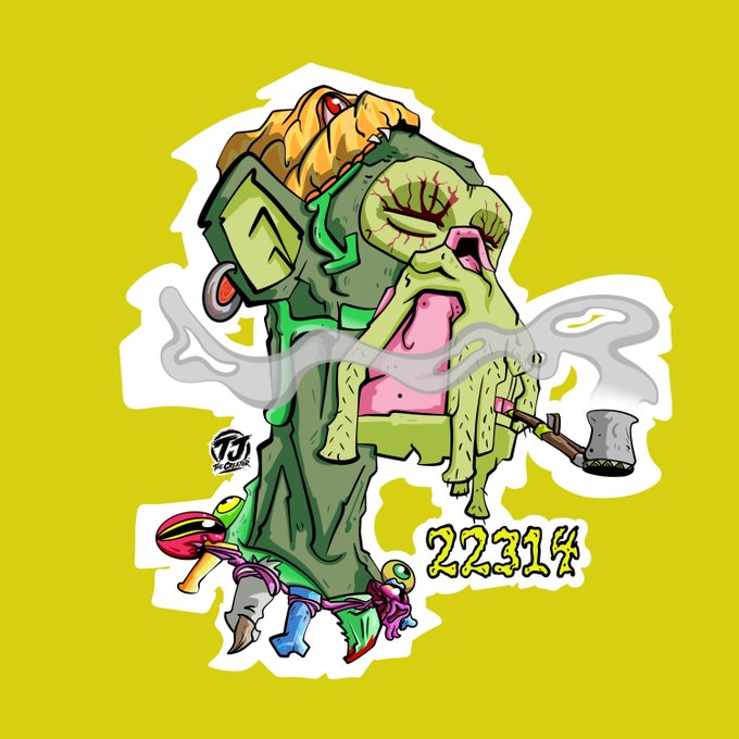 A grotesque cartoon illustration of a green zombie-like creature with a snake on its head, smoking and holding a hammer, with '2231$' written below on a yellow background.