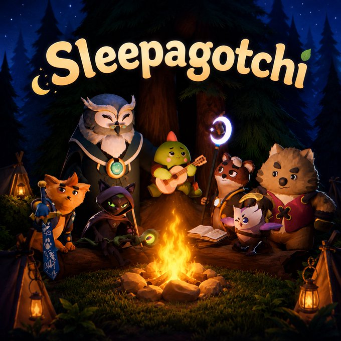 The image features a group of cartoon animals gathered around a campfire at night. There are five characters in total - an owl, a cat, a dog, a rabbit, and a bear. The owl is perched atop a tree branch, while the cat sits on the ground nearby. The dog stands next to the bear, who is standing by the fire. A book can be seen lying on the ground near the campfire as well. The post seems to be promoting an online game called "Sleepagotchi" and encourages players to focus on their data production in order to earn a large sector worth 665 billion dollars.
