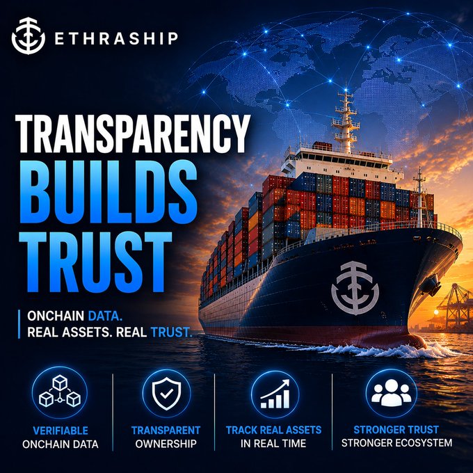 Promotional poster for 'ETHRASHIP' with the tagline 'TRANSPARENCY BUILDS TRUST' featuring a cargo ship at sunset and icons for verifiable onchain data, transparent ownership, real-time asset tracking, and stronger ecosystem trust.